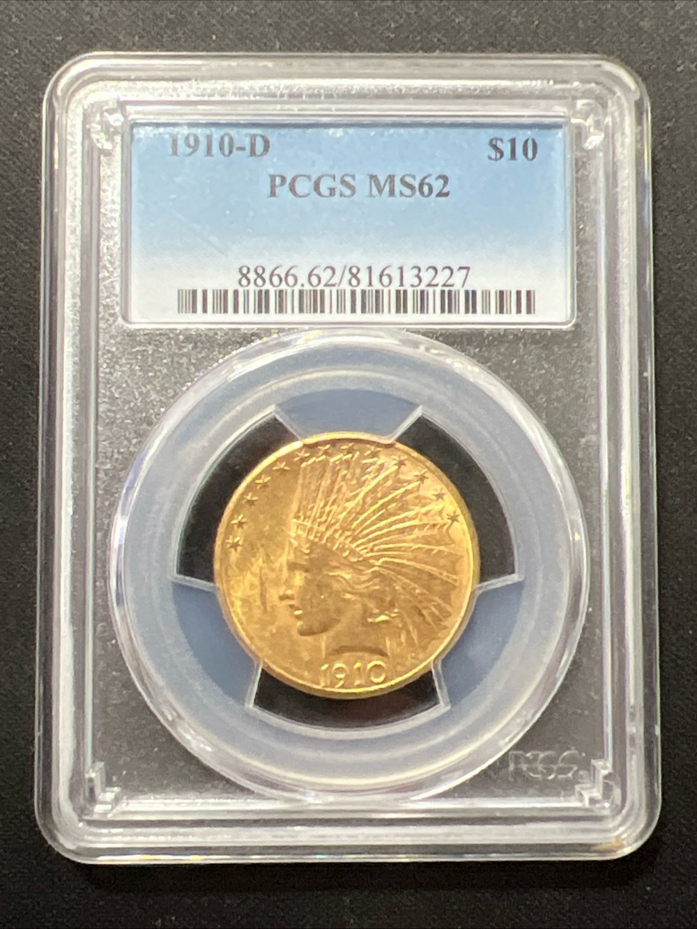 1910-D $10 INDIAN HEAD GOLD EAGLE CERTIFIED PCGS GRADED MS62